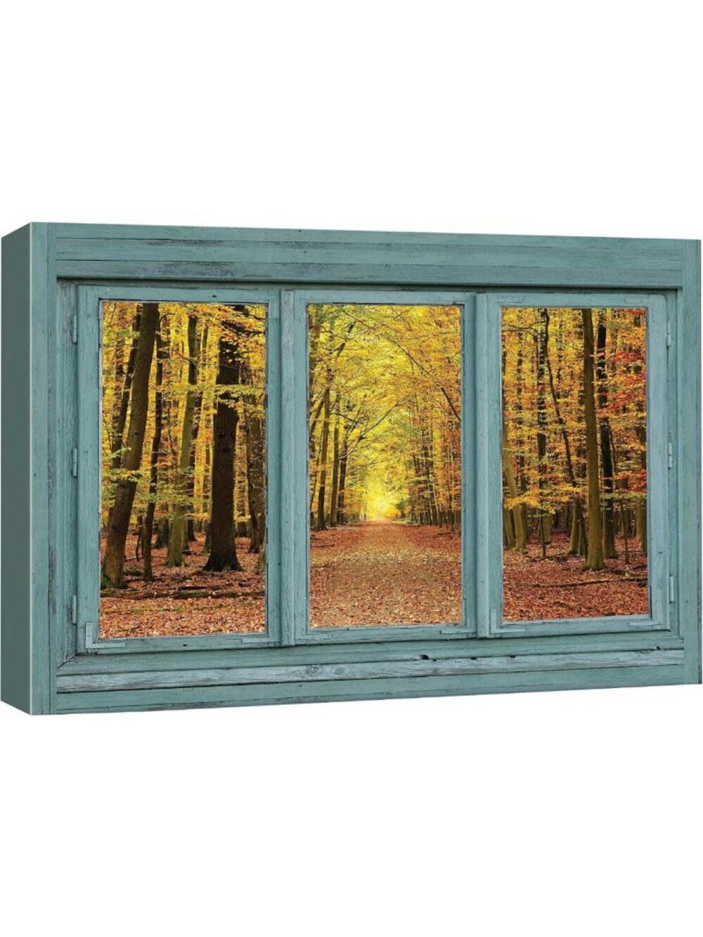 Vintage Teal Window Canvas Art - Fall Orange Forest Wall Decor 32"x48
